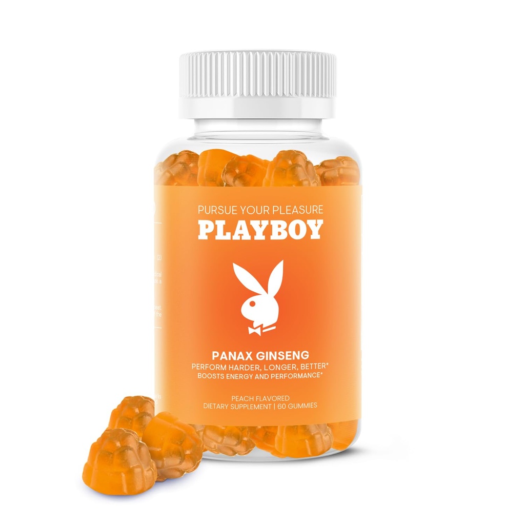Playboy - Ginseng Gummies (60 Hrabě - Peach ochucené) - Proveďte tvrdší, delší, lepší - Panax Ginseng dodatek Gummy pro muže a ženy - 100% přírodní, Vegan Non GMO Ginseng Root 6: 1 Extract