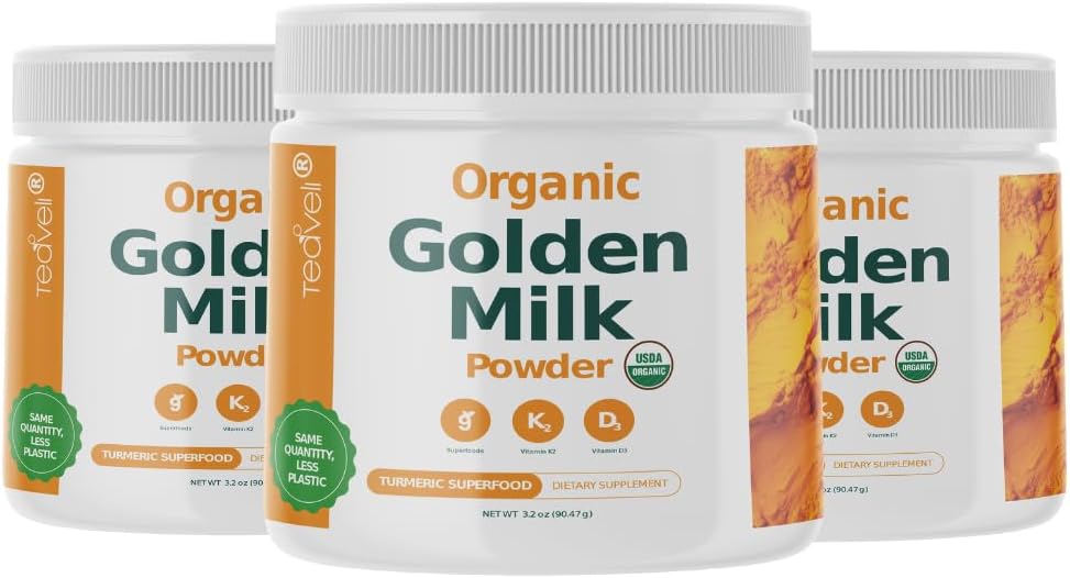 Organic Golden Milk Powder with Vitamins D3 & K2, Turmeric, Ginger, Curcumin, Skořice, KSM66 Ashwagandha, Holy Basil & Natural Prebiotics- Delicious Neslazené Turmeric Tea Latte - 3 Pack