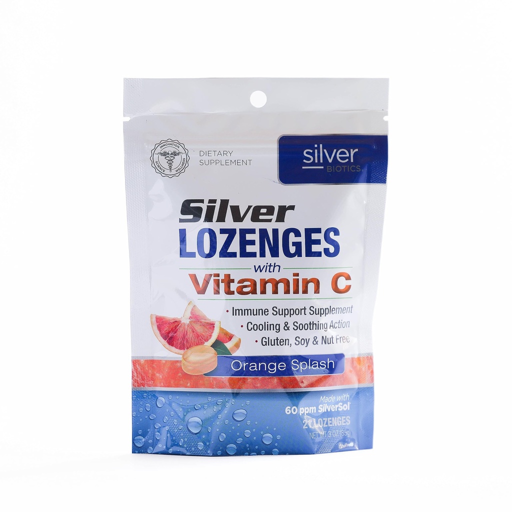 Silver Biotics Koloidní Silver Lozenges S124; 60 ppm SilverSol Ag SERVO Technology SERV124; Imunitní podpora + Krční mýdlo SERV124; Orange Vitamin C SERV124; 21 Počet