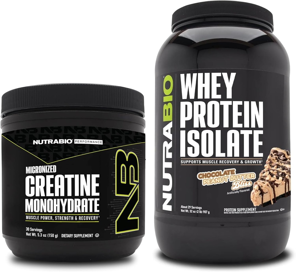 NutraBio Creatin Monohydrát, Neochucené, 150g a syrovátka izolát, čokoládové arašídové máslo, dodatek Bundle - Svalová energie, Lean růst svalů, zotavení, a síla