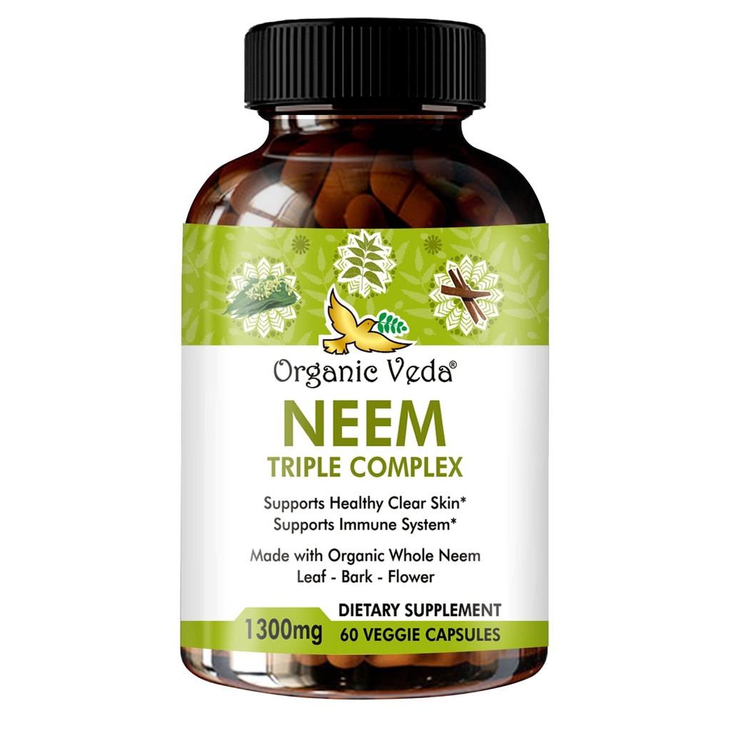 Organic Veda Neem Kapsle s Triple Complex Neem Leaf Extract, Bark & Flower - Bylinný dodatek zvyšuje imunitu, zlepšuje stravení, zdraví kůže a podpora čištění - 60 Počet
