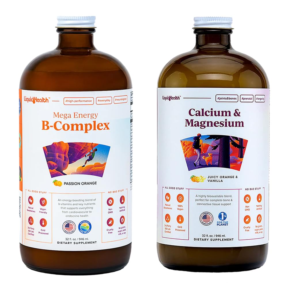 LIQUIDHEALTH Mega Energy B-Complex & vápník a hořčík tekuté vitaminové pouzdro pro dospělé - zvýšení úrovně přírodní energie, podpora kostí a společné zdraví, posílení imunitního systému - Vegan, non-GMO, USA Made