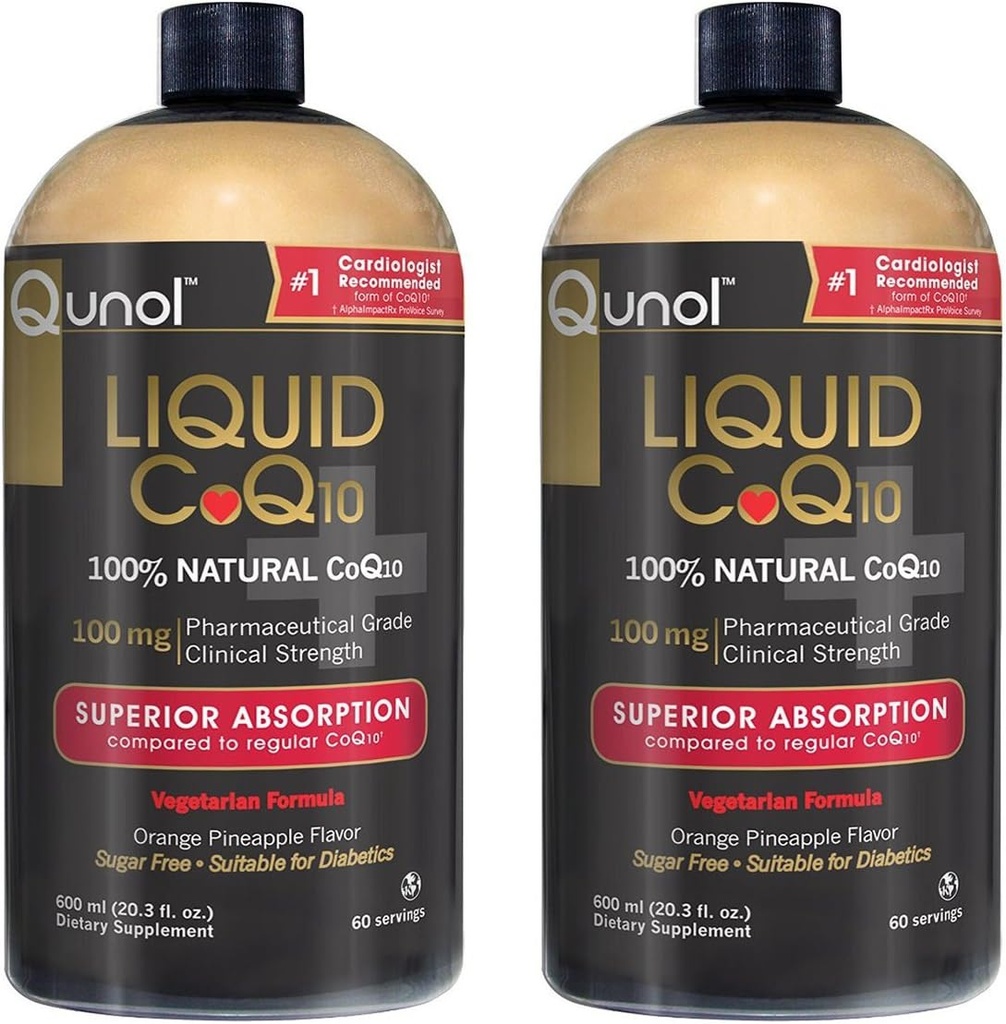 Qunol Liquid CoQ10 100mg, Superior Absorpce Přírodní doplněk Forma Coenzym Q10, Antioxidant pro srdeční zdraví, Orange Ananas Ochucené, 60 Serings, 20.3 oz Lahvička, Balení 2