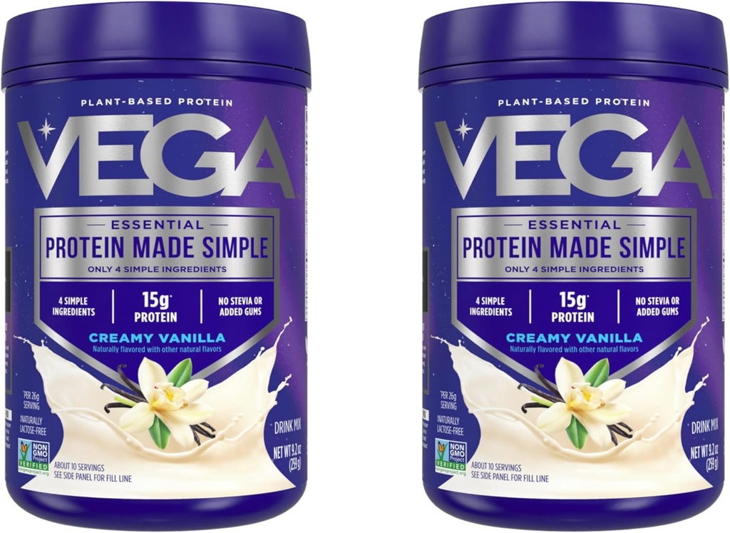 Vega protein vyrobený jednoduchý proteinový prášek, Vanilla - Stevia Free, Vegan, Plant based, Zdravý, Gluten Free, Pea protein pro ženy a muže, 9.2 oz (Balení května Vary) (balení po 2)