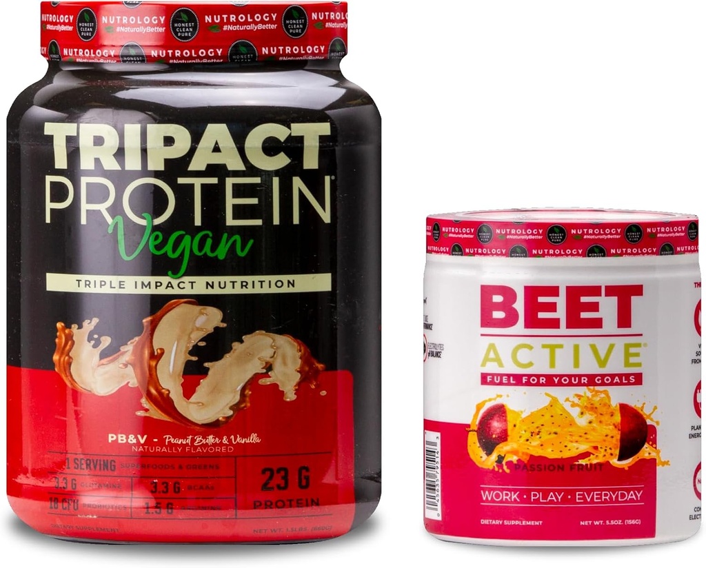 Nutrology TRIPACT Vegan Protein Powder, for Vegan Protein Shake, Arašídové máslo Vanilla (20 Servings) & Beet Active, Natural Pre- Workout Powder, Passion Fruit Flavor (30 Serings)