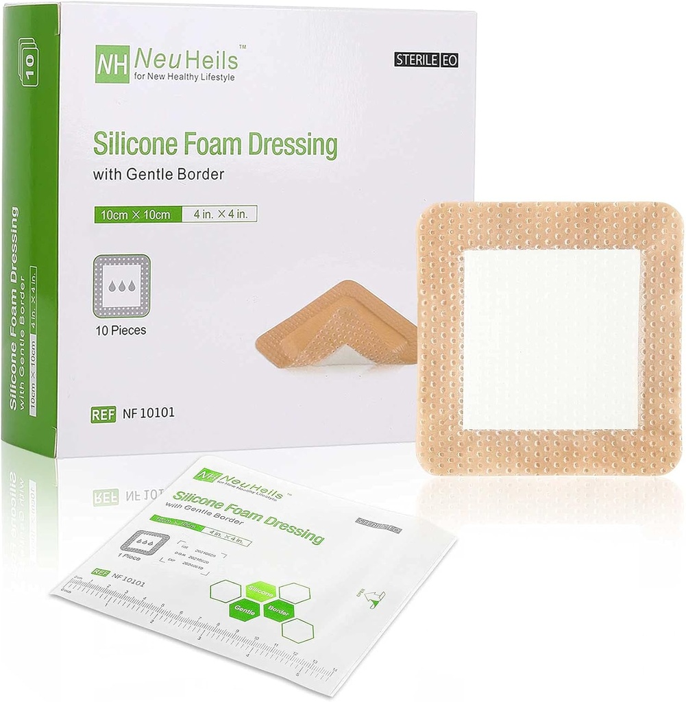 NeuHeils Silikonová přilnavá pěna s jemným okrajem 4 "x4" pro Bed Sore Leg Ulcer 10 Pack, vysoká absorbence vodotěsné silikonové zranění bandáže