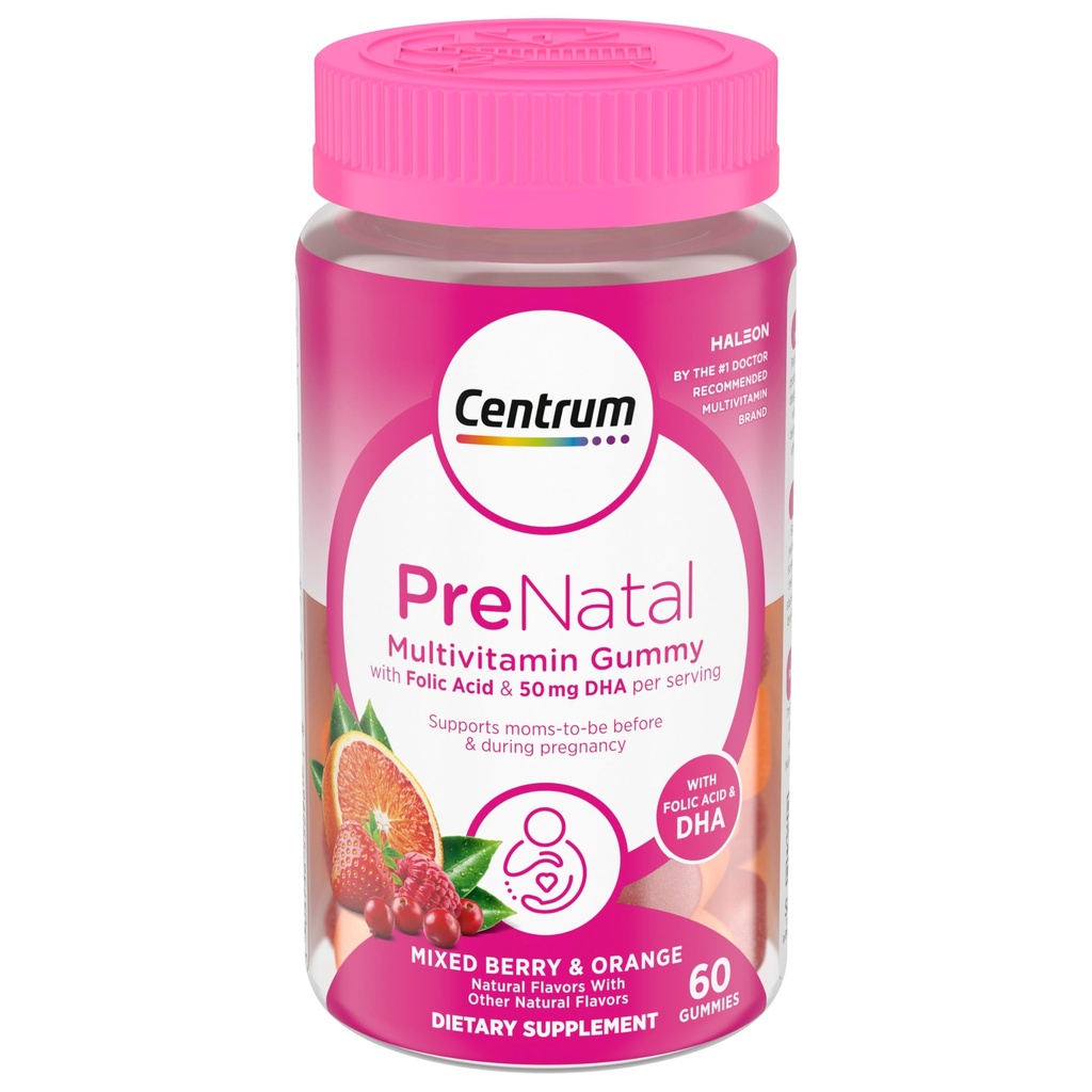 Centrum Prenatal Multivitamin Gummies s DHA a kyselina listová, smíšené Berry a Orange Flavors - 60 Počet, 30 denní dodávka