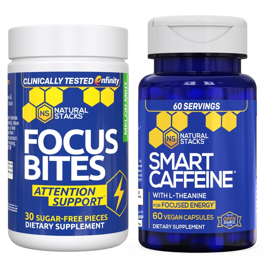 NATURAL STACKS Smart Caffeine + Focus Bites Bundle - Kofein & Paraxantine doplňky - Podporuje energii a soustředění * - No Jitters or Crash - 90 Kusy