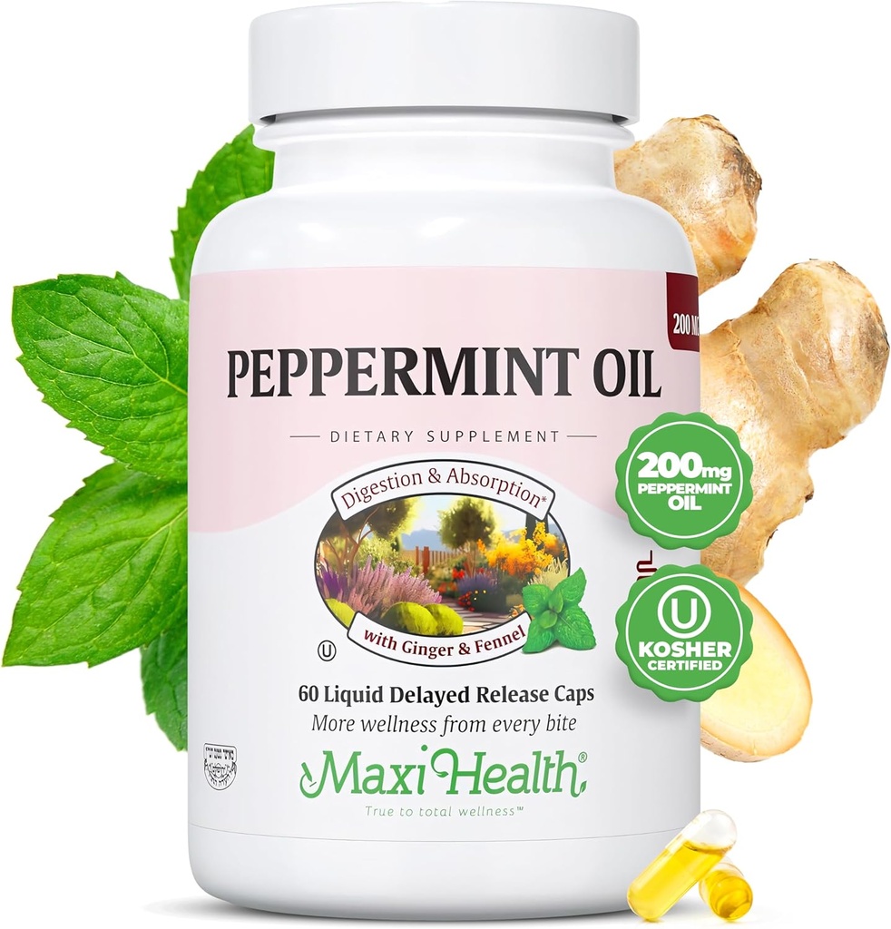 Maxi Health Peppermint Oil Kapsle - Organic Ginger Oil & Fennel Zpožděné uvolňování kapsle - Ingestibilní dietní Kosher Peppermint dodatek pro stravitelnou podporu (60 Kapsle)