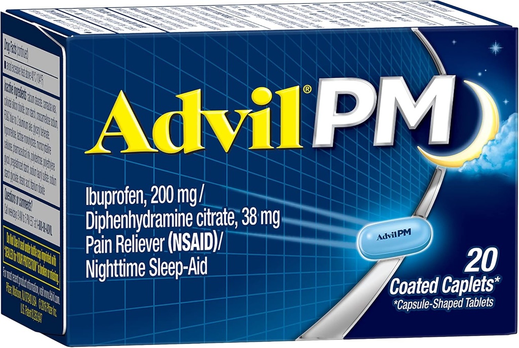 Advil PM (20 Count) Pain Reliever / Nighttime Sleep Aid Coated Caplet, 200mg Ibuprofen, 38mg Difenhydramin