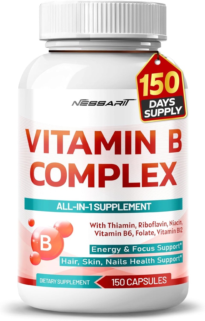 Vitamin B Complex - High potency with Thiamin, Riboflavin, Niacin Vitamin B6, Folát, Vitamin B12 -Energy, Focus, Vlasy, Kůže, Podpora nehtů - 150 Počet - Made & Tested in The USA