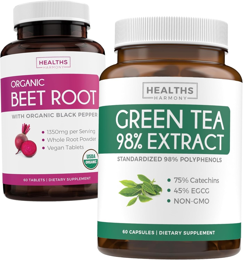 Beet Root & Green Tea Extract (1- Month Supply) Detox Power Duo - Organic Beet Root with Black Pepper for Absorption 1250mg (60 tablet) & Green Tea Extract 98% with EGCG 1000mg per serve (60 čepiček)