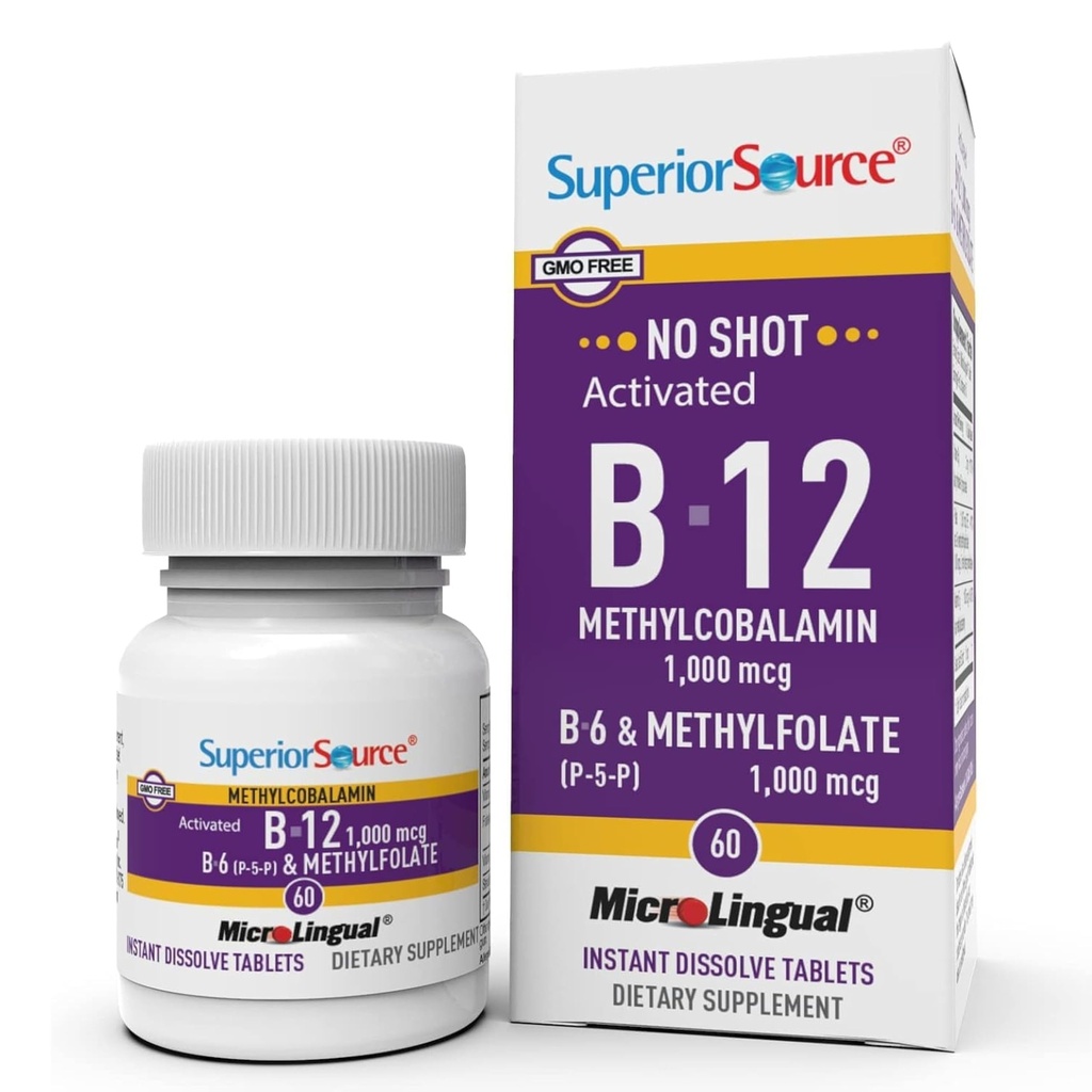 Superior Source No Shot Vitamin B-12 Methylkobalamin 1000 mcg, B-6, & Methylfolate 1000 mcg - Podporuje energii, mozek a srdce zdraví - Bariatric Friendly - 60 Sublingvální Rozkládací tablety