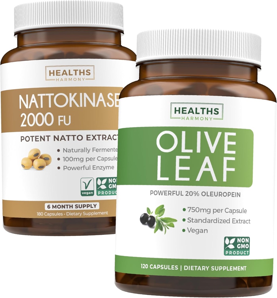 Nattokinase & Olive Leaf (6-Month Supply) Flow & Wellness Mix - Nattokinase 2000 FU Powerful Přirozeně fermentované sójové boby (6-Month Supply) & Olive Leaf Extract Super Strength with 20% Oleuropein