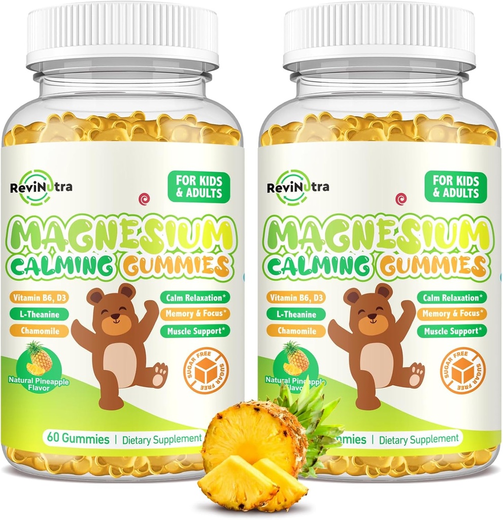 Hořčík Gumy pro děti - Magnesium Glycinátové gumy dodatek s L- Theanin, Vitamin B6, D3 pro dospělé a děti, klid hořčík pro spánek, relaxace, mozek, kosti, cukr bez ananasu 120ct