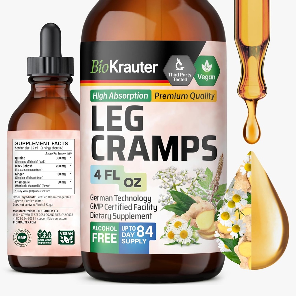 BIO KRAUTER Leg křeče tinktura s kvasinkou - zázvor & heřmánkový tekutý extrakt pro nohy křeče - Přírodní alkohol & cukr zdarma Formule - Vegan kapky 4 FL.Oz.