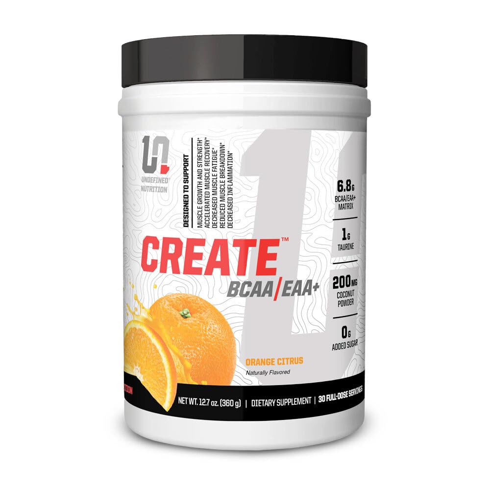 Nedefinovaná výživa Vytvořit BCAA / EAA + by Brian Shaw -Muscle Recovery & Endurance, 6.8g BCAA / EAA Matrix -Full Spectrum BCAA + Essential Amino Acids Supplement - 30 Servings (127 oz, Orange Citrus)