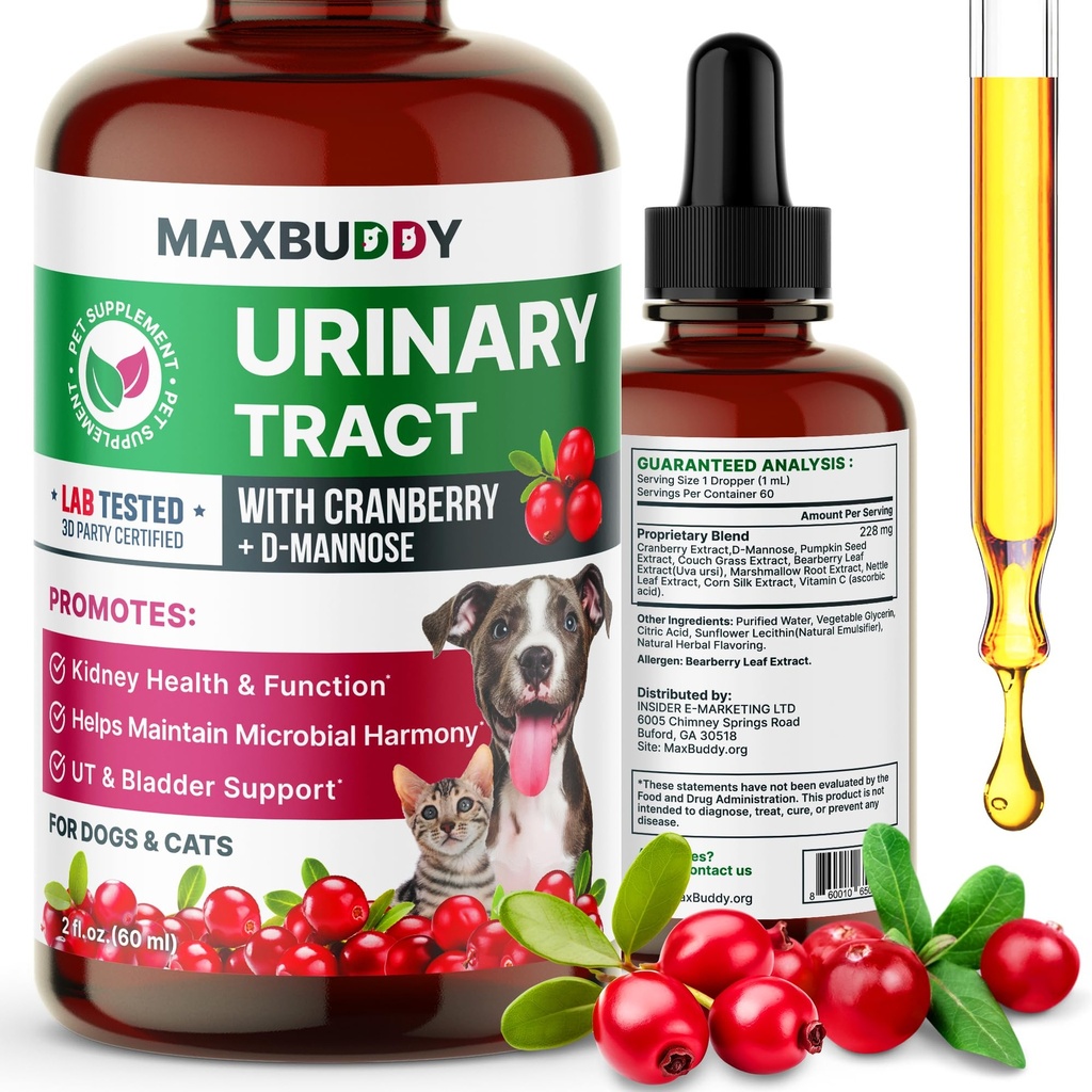 MaxBuddy Natural UTI Support - Cranberry Močová Trakt Infekční péče a prevence pomoc pro kočky a psy - Ledviny a močové měchýře Wellness Supplement Kapky - Podpora průtoku moči