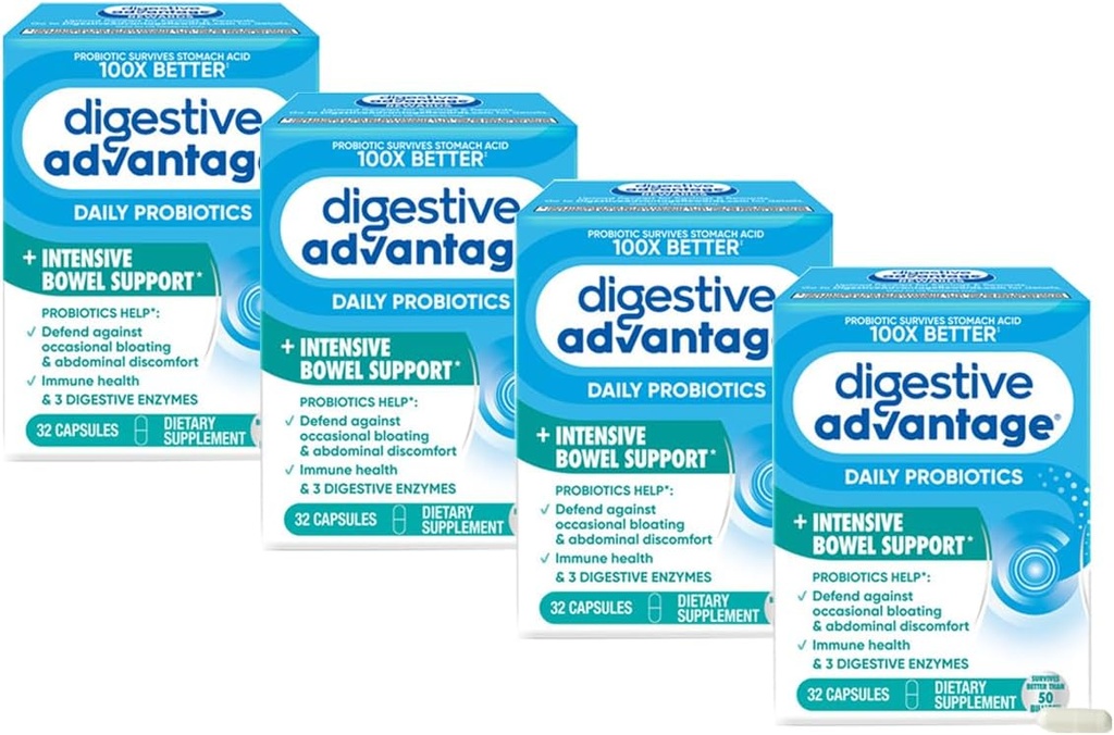 Stravovací výhoda Intensive Bowel Support Probiotic Defends Against Gas & Bloating, 32 Hrací kapsle (4 balení)