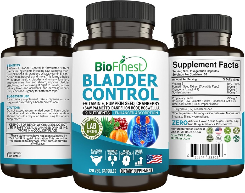 BioFinest Brýle Control Dodatek pro muže a ženy - 120 Veg. Kapsle - Saw Palmetto, Cranberry, Dýňová semena, Vitamin E, Boswellia, Dandelion Root - Močové Tract Brýle zdraví - Vyrobeno v USA