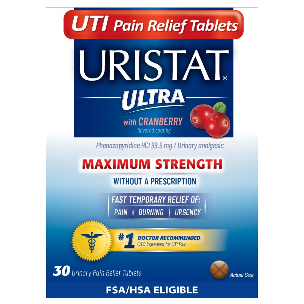 Uristat Ultra UTI Pain Relief Tablety, Rychlé močení Trakt Infekce Relief bolesti moči, Hoření, Naléhavé, Maximální síla, Cranberry Ochucené Povlečení, 30 Tablety