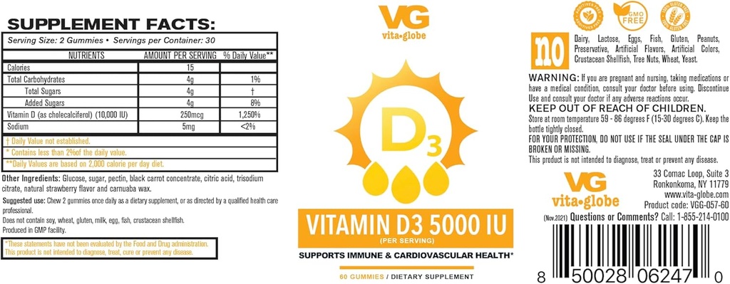 VITA GLOBE Vitamin D3 10,000IU 250mcg se zinkem a Echinacea Gummy - podporuje zdravý imunitní systém, silné kosti, zuby a svaly, 120 Počet (balení po 2)