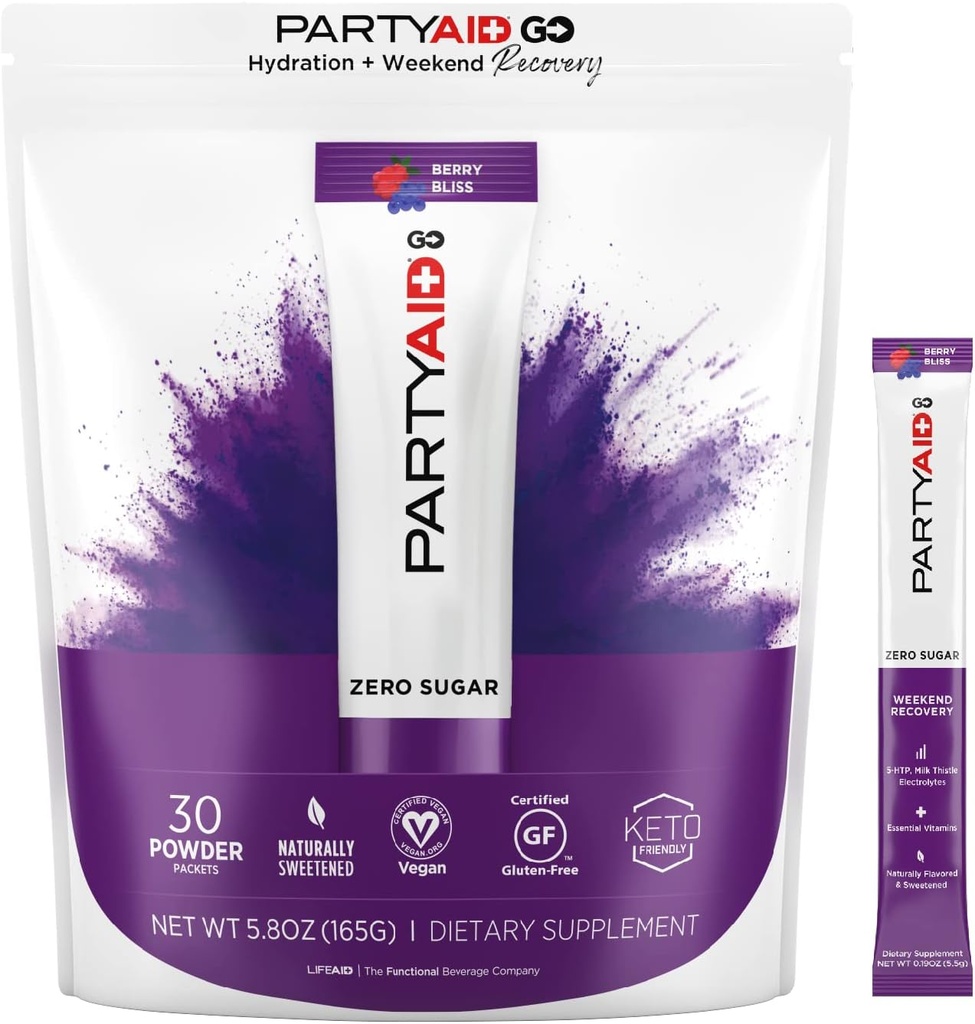 PARTYAID GO Cítit dobře dnes a zítra, Zero cukr, 5-HTP, B-Complex, Mléčné Thistle, Electrolytes, No umělé Flavors nebo Sweeteners, Caffeine- Free, 30 Počet (balení po 1)