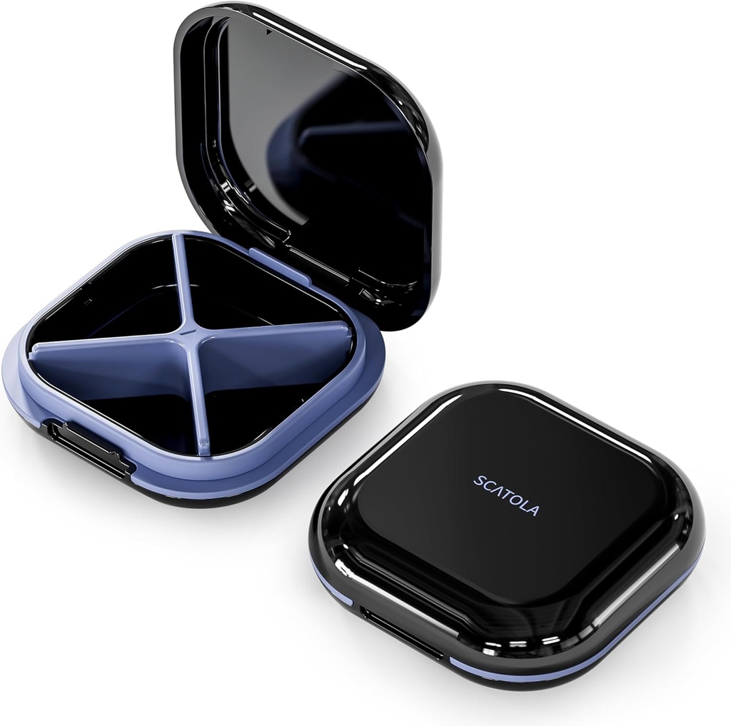 Pouzdro pro malé pilulky, cestovní plnicí box, portable Pill Organizátor, Balíček pro kapsy 4 Compartments, Denní Compact Travel Medicine Holder pro vitamíny Medikace (Black)