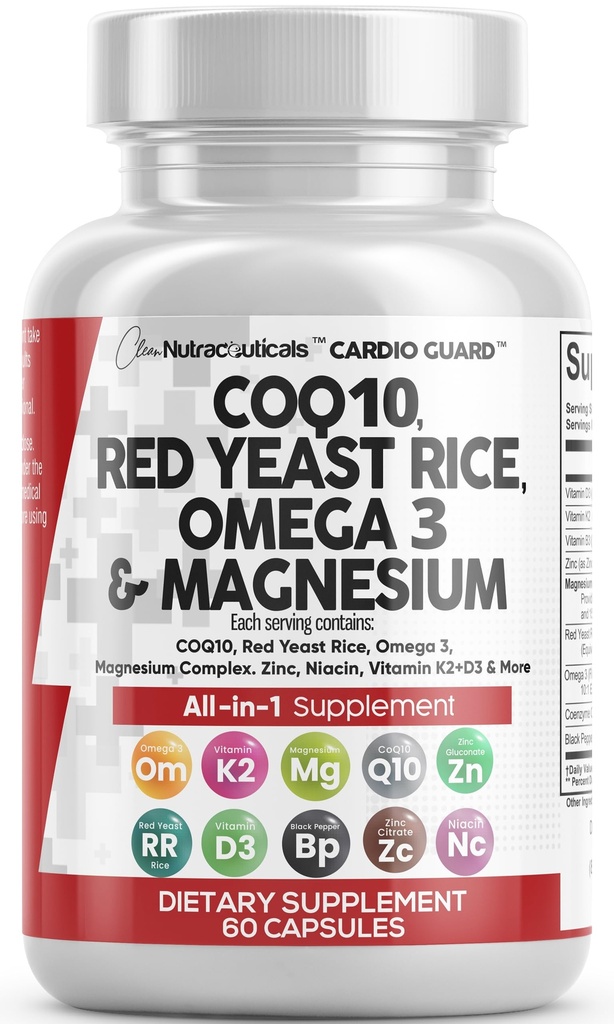 Clean Nutraceuticals COQ10 200mg Red Yeast Rice Omega 3 Magnesium Complex 500mg Niacin Zinek Vitamin K2 D3 - Heart Support Vitamíny pro ženy a muže w / Vitamin B3, Koenzym Q10- 60 Ct