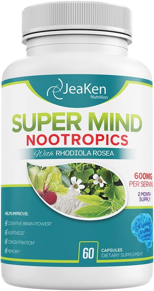 Super Mind - Nootropics Cognitive Enhancer - Mozkový doplněk s přírodními přísadami - Bacopa Monnieri - Rhodiola Rosea - Ginkgo Biloba - Vitamin B12-60 Vegan Kapsle Made in USA