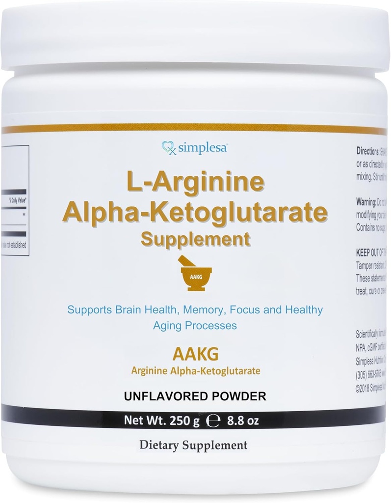 Simplesa AAKG Arginin Powder, L- Arginin Alpha- Ketoglutarát dodatek, 2000mg per Serving, Podporuje zdraví mozku, paměť, zaměření a zdravé stárnutí Processes, 250g Prášek dodatek
