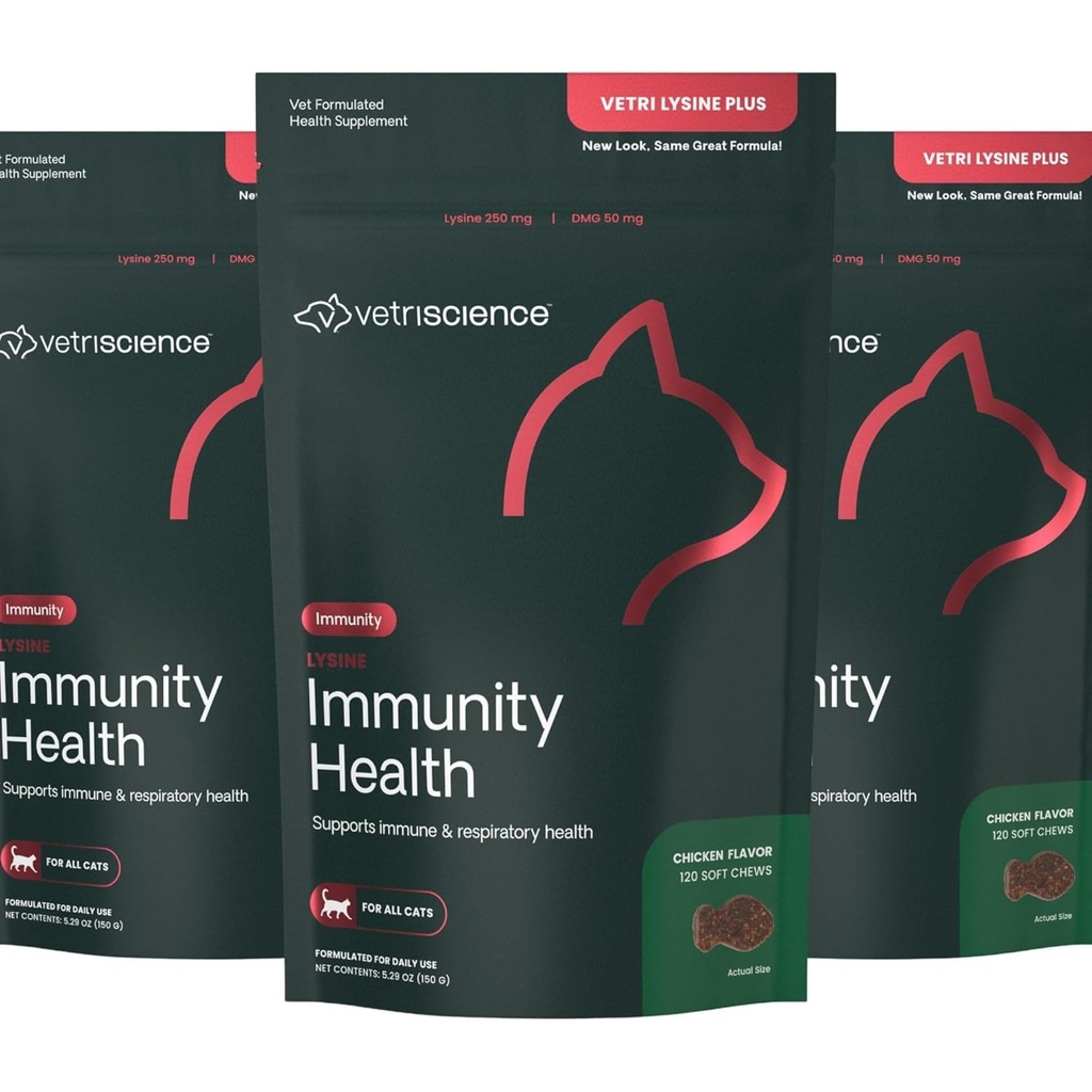 VetriScience Lysine Imunity Health Chews, 250 mg Lysinum Plus Imunitní doplněk pro kočky a koťata s alergie, Nosní a vodnaté oči, kuře, 3 Pack