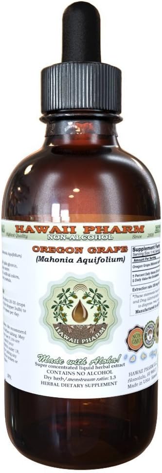 Hawaii Pharm Oregon Grape Alcohol- Free Liquid Extract, Oregon Grape (Mahonia aquifolium) Sušený Root Glycerite přírodní bylinný dodatek, USA 2oz