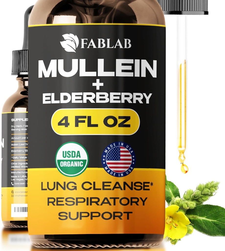 FabLab Mullein Leaf Extract with Elderberry 4 Fl Oz - Made in USA - Drops for Better Lung - Mullein tinktura pro Lung Detox - Bronchial Clearse for Smokers - Respirační bylinný dodatek