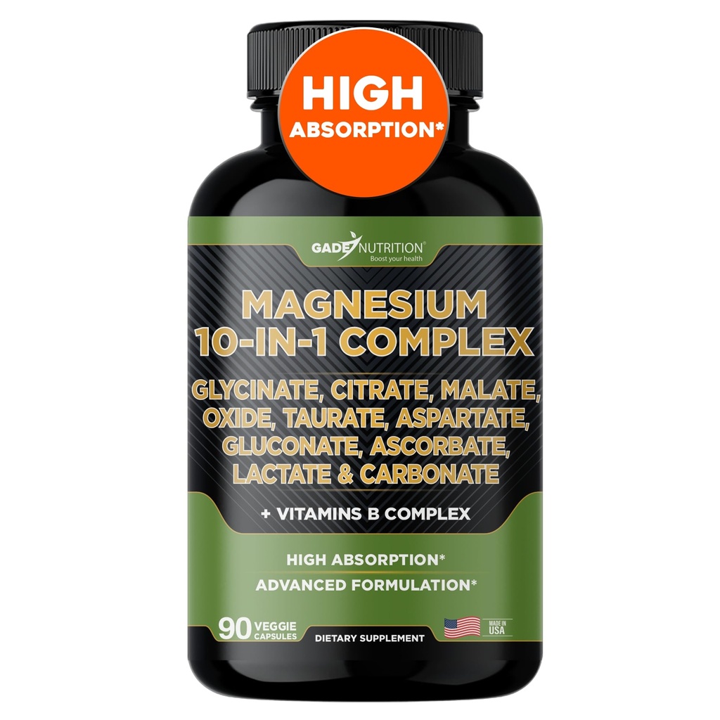 Gade Nutrition Magnesium Complex 10 in 1 - Glycinát, Citrát, Malate, Oxide, Taurát, Aspartát, Gluconate Ascorbate Laktát Karbonát zinečnatý Měďnatý mangan & vitamin (90 Počet balení po 1)