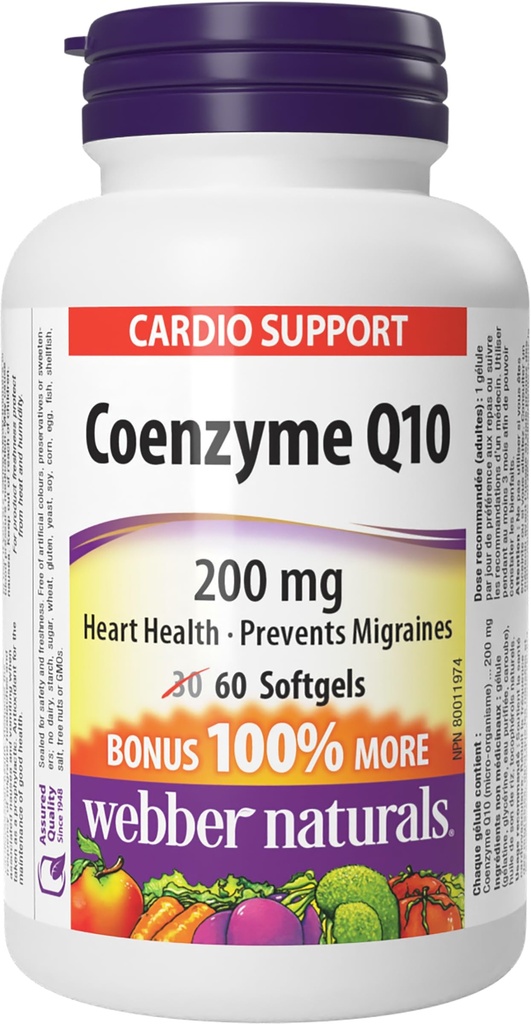 Webber Naturals Coenzym Q10 (CoQ10) 200 mg, 60 Softgels, High Potency Antioxidant Supplement, pro srdeční zdraví a buněčnou výrobu energie, 60 denní dodávky, gluten zdarma