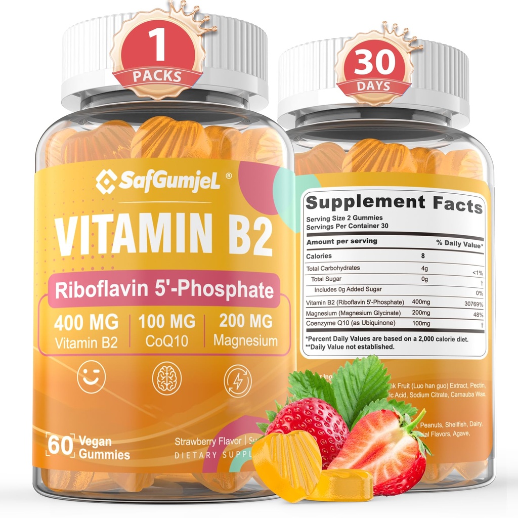 Vitamin B2 Gummies PHAR124; Riboflavin 400mg s hořčíkem a CoQ10 pro migrénu úlevu a bolest hlavy Relief PHAR124; bez cukru, Vegan, Jahodová příchuť, 60 Počet