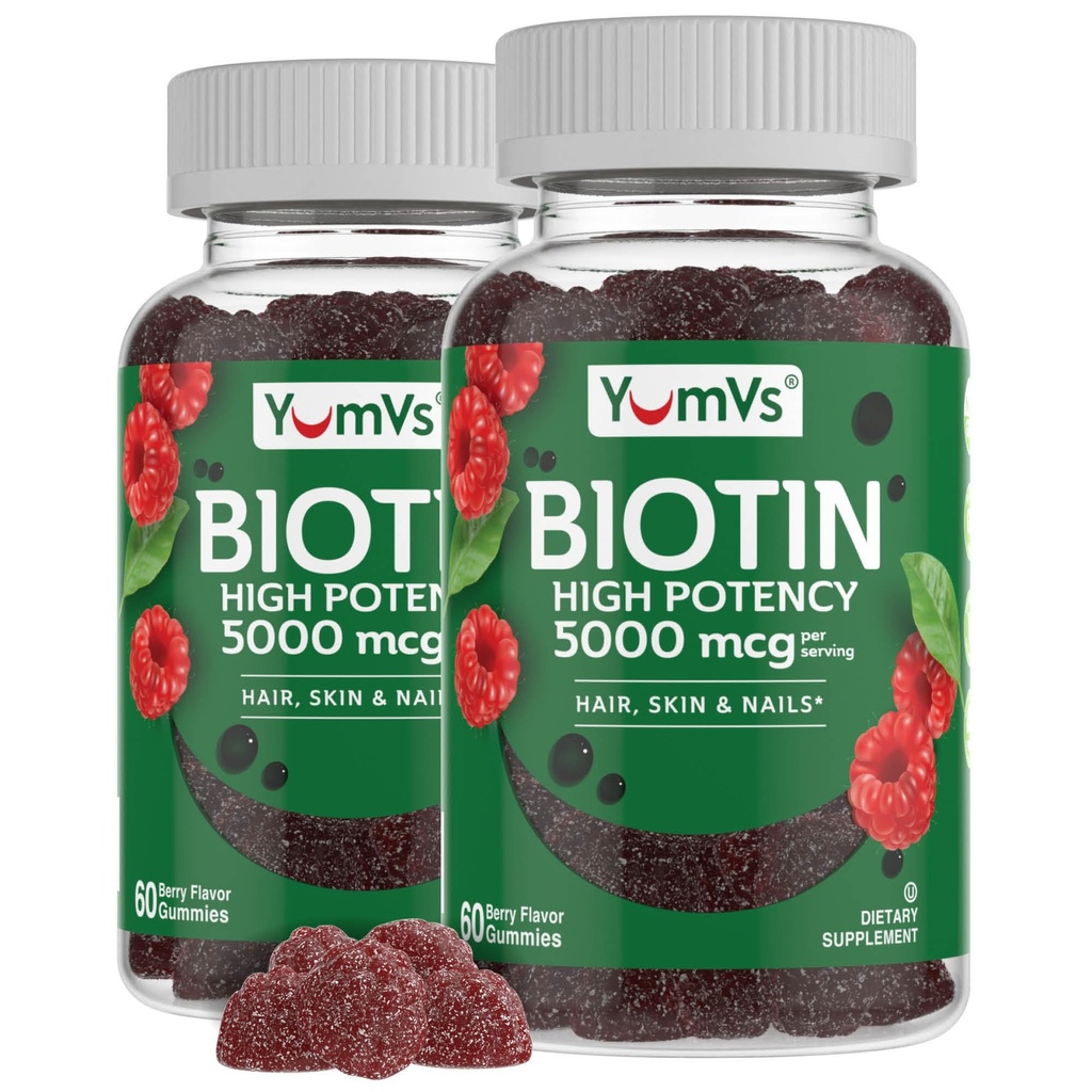 YumVs Biotin Gummies 5000mcg - Lusious Raspberry Flavor - Silnější růst vlasů gummies pro ženy nebo muže - Vlasy, kůže a nehty Vitamíny - Vlasy Gummy - Vegetarian Biotin dodatek (60 Ct., 2pk)
