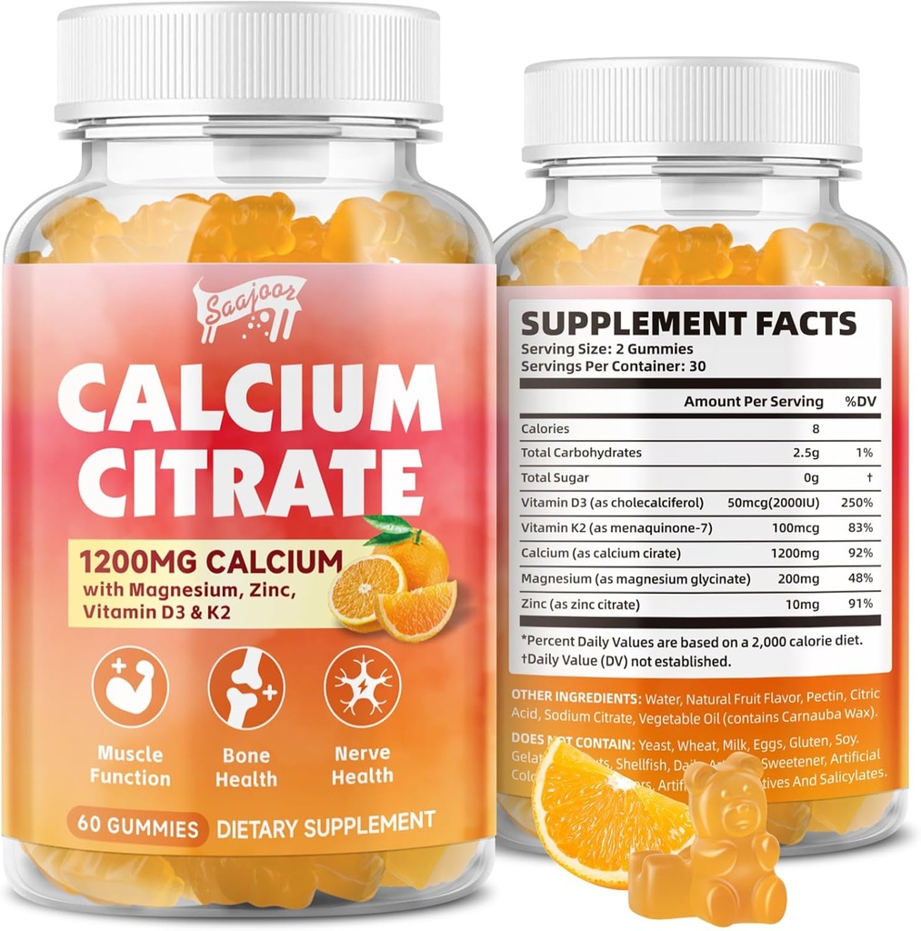 Citrát vápenatý Gummie 1200 mg s vitaminem D3, K2, hořčík, zinek, Kostní podpora pro kosti, Svaly & Sponky, Imunita & Memory Support, 60 Počet