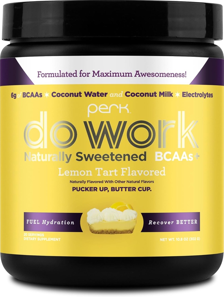 Perk Do Work BCAA + Hydration Electrolytes Powder (Přirozeně slazený citrónový koláč ochucený, 20 Služeb) - s kokosovou vodou a kokosové mléko