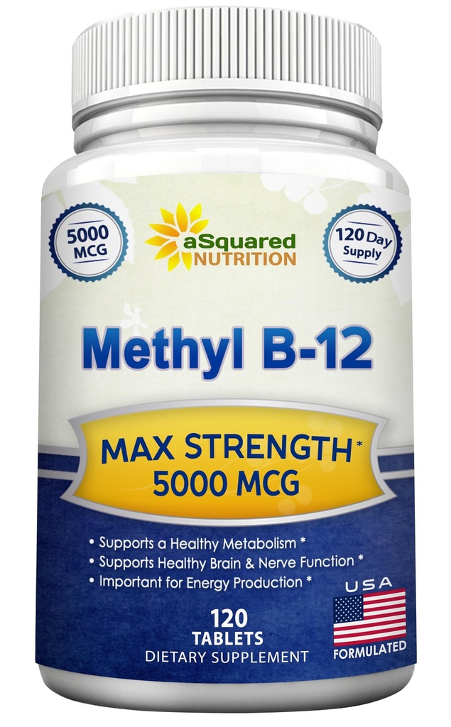 aSquared Nutrition Vitamin B12- 5000 MCG Doplněk k Methylkobalaminu (methyl B-12) - maximální síla vitaminu B 12 Podpora pomoci zvýšit přírodní energii, Výhody funkce mozku a srdce - 120 Tablety