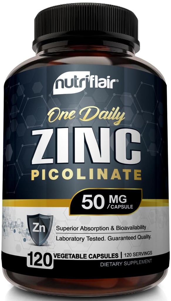 NutriFlair Zinek Pikolinát 50 mg, 120 Kapsle - Maximální absorpce Zinek Doplněk pilulky - imunitní systém Booster, Imunity Defense, Výkonný Non- GMO Antioxidant - Porovnat s glukonát, Citrát, Oxid