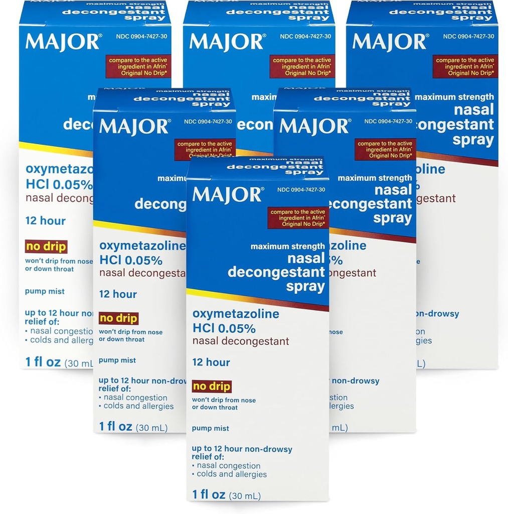 MAJOR Maximální síla Nasal Decongestant Spray, Oxymetazolin HCl 0,05% čerpadla Mist, Non- Drowsy Nasal Spray, až 12- hodinová úleva od Nasal Congestion, nachlazení, a alergie 1 Fl. Oz. (6-Pack)