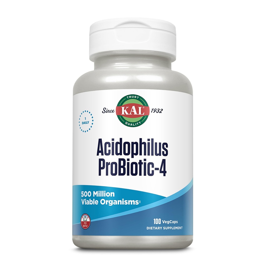 KAL Acidophilus ProBiotic- 4, 500 milionů CFU, čtyři probiotické proužky, probiotika pro ženy a muže, mrazivý sušený, L. acidophilus, L. bulgaricus, S. termophilus, B. bifidum, 100 Služeb, 100 VegCaps