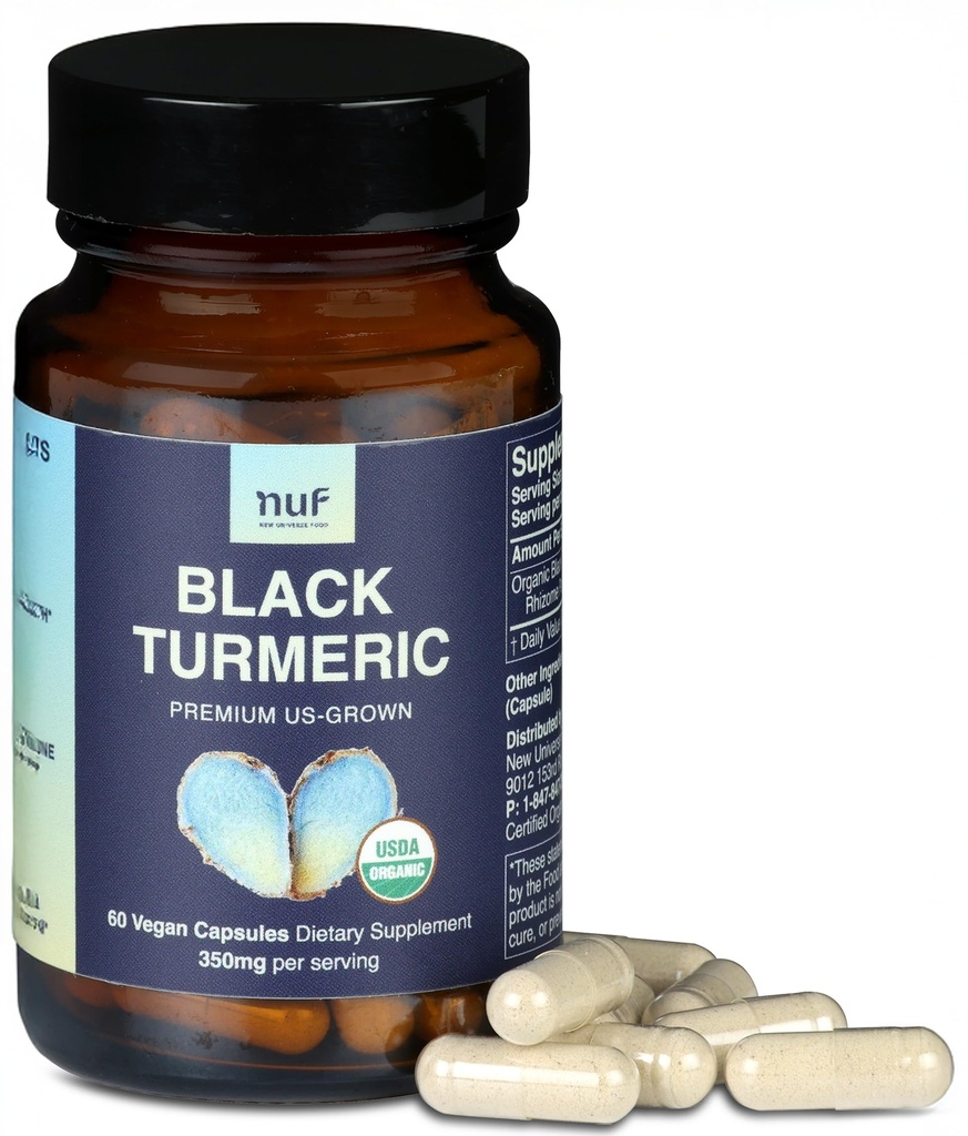 NUF - Organic Black Turmeric 350mg Cell Root Vegan Capsules - US Grown - Gluten Free - Non GMO- Společná podpora - Zdravá zánětlivá odpověď - Správná imunitní funkce