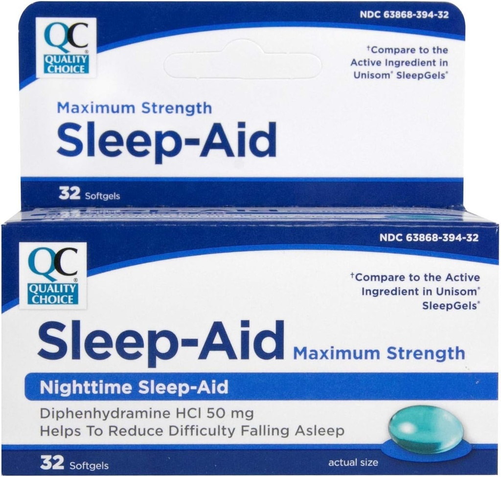 Quality Choice Max Spell Aid, Nighttime Sleep Aid Diphenhydramine HCI 50 mg, Non Habit Forming for Occasional Sleepless, Easy to Swallow Softgels, 32 Count Bottle
