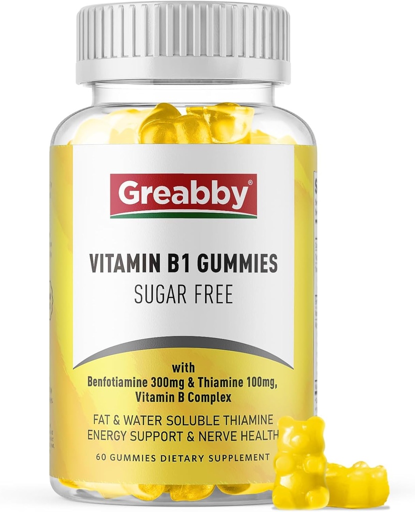 Vitamin B1 Gummies - Benfotiamin 300mg & Thiamin 100mg, bez cukru, vitamín B Complex Žvýkací doplněk, Energy Boost & Nervový systém Zdraví pro ženy, 60 Gummies
