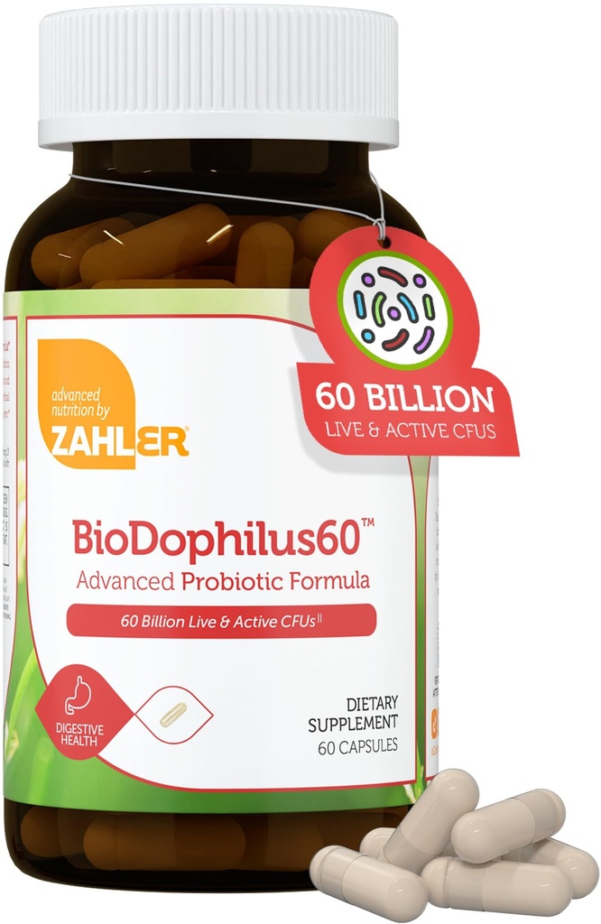 Zahler BioDophilus60, 60 miliard CFU Probiotic + Prebiotic - 11 Strains Denní Probiotický dodatek - Kosher Probiotika pro ženy pro stravitelné zdraví, Probiotika pro muže pro Gut zdraví (60 Kapsle)