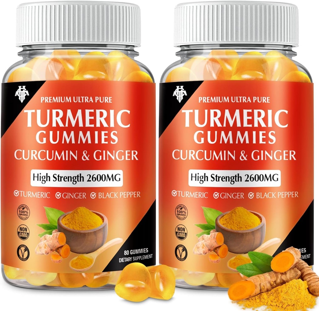 Kurkumin kurkumin gumové se zázvorem & Black Pepper Vegan Pectin Formule pro imunitní zvýšení, Zdravá kůže a společná podpora Žvýkací doplněk pro dospělé a dospívající (2-Pack)