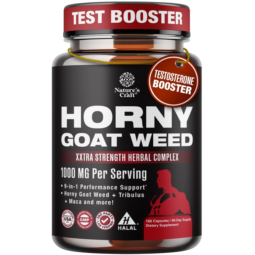 Nadržený kozí plevel pro muže - Extra silný mužský dodatek s Black Maca Root, Tongkat Ali, Saw Palmetto & Panax Ginseng Extract for Stamina & Energy - 180 Kapsle